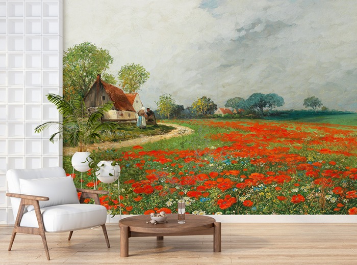명화벽지 23p058 - Adolf Kaufmann 아돌프 카우프만 A Poppy Field with Daisies 나무 들판 꽃밭 풍경 3폭(주문 제작도 가능)