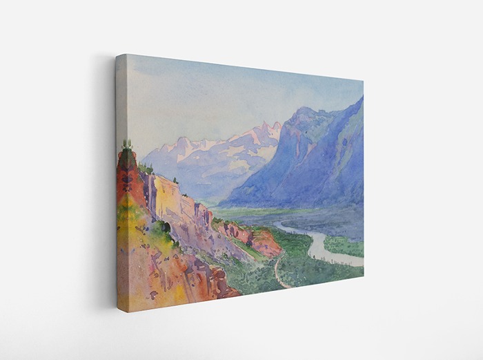 액자(직사각)- 23AF066- George Elbert Burr 조지 에버트 빌 - The Rhone from the Path to Salvari (Switzerland) 수채화  풍경화 산 풍경