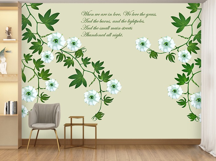 잎 벽지-07F019-흰꽃나무 녹색 거실 부엌 3폭(주문 제작도 가능)