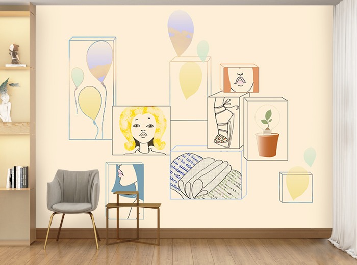 일러스트 벽지-12I014-스퀘어라이프 네모그림 3폭(주문 제작도 가능)