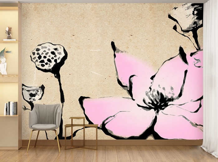 꽃 벽지-10F018-연꽃 흑백 은은한꽃 3폭(주문 제작도 가능)