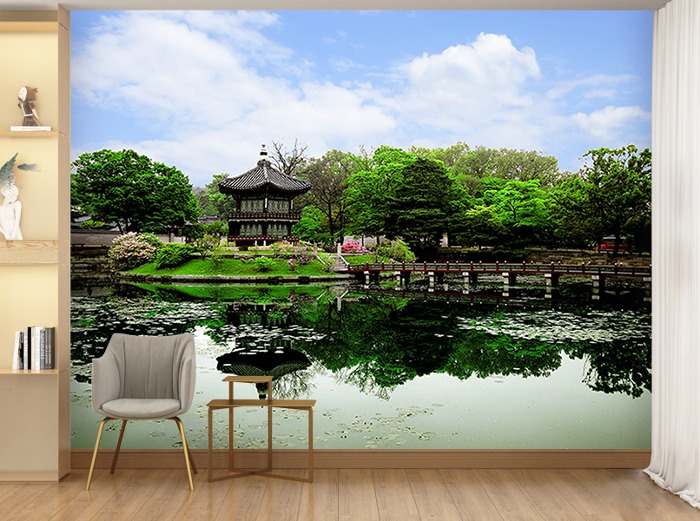 포토 벽지-11PH011-경복궁 고궁 한국 정원 아름다움 연못 3폭(주문 제작도 가능)