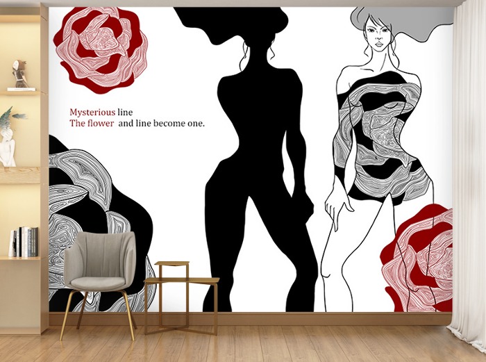일러스트 벽지-09I016-꽃속여인 여성 패턴 꽃패션 3폭(주문 제작도 가능)