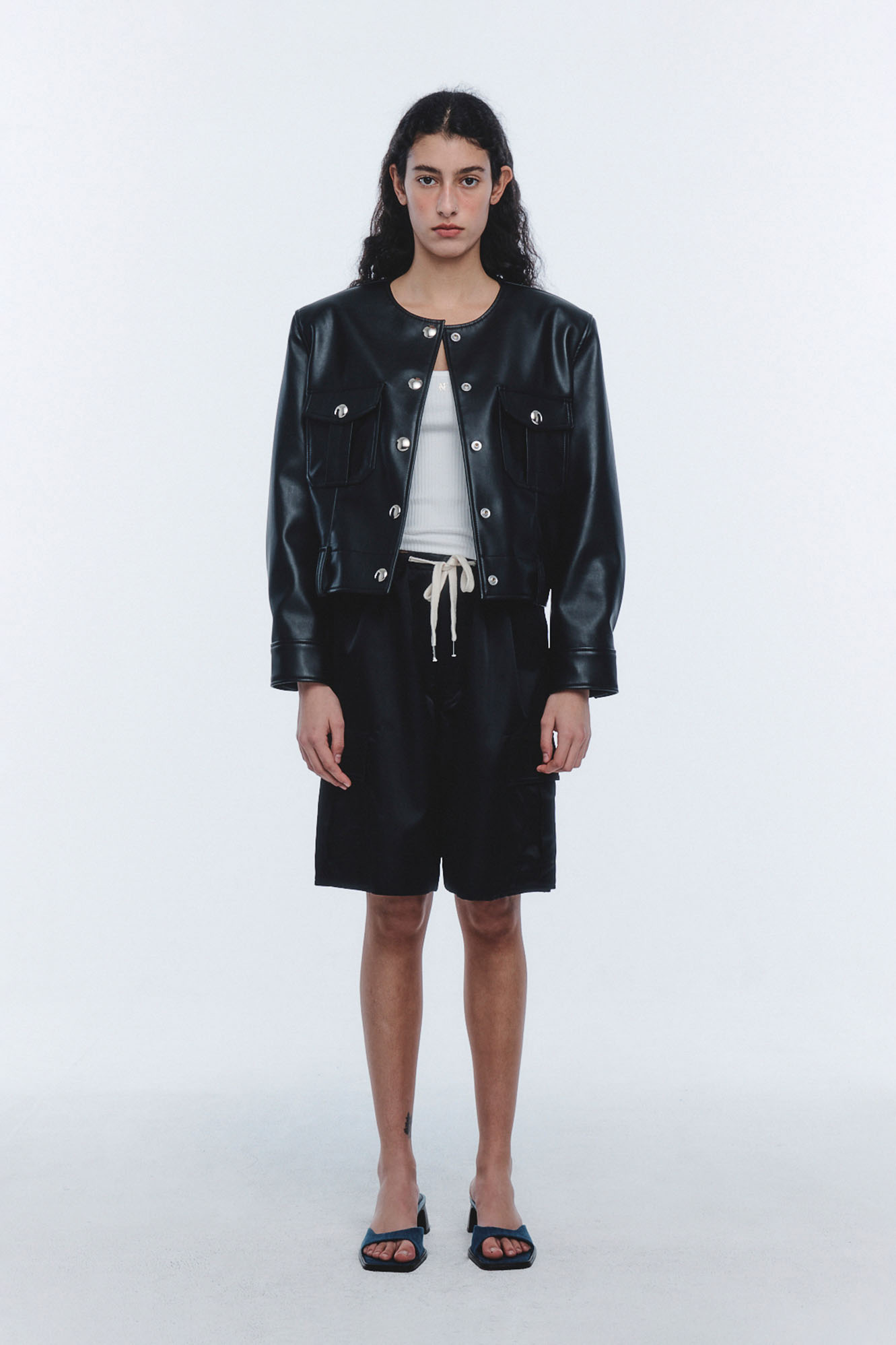 W PURE COLLAR LEATHER JACKET - BLACK