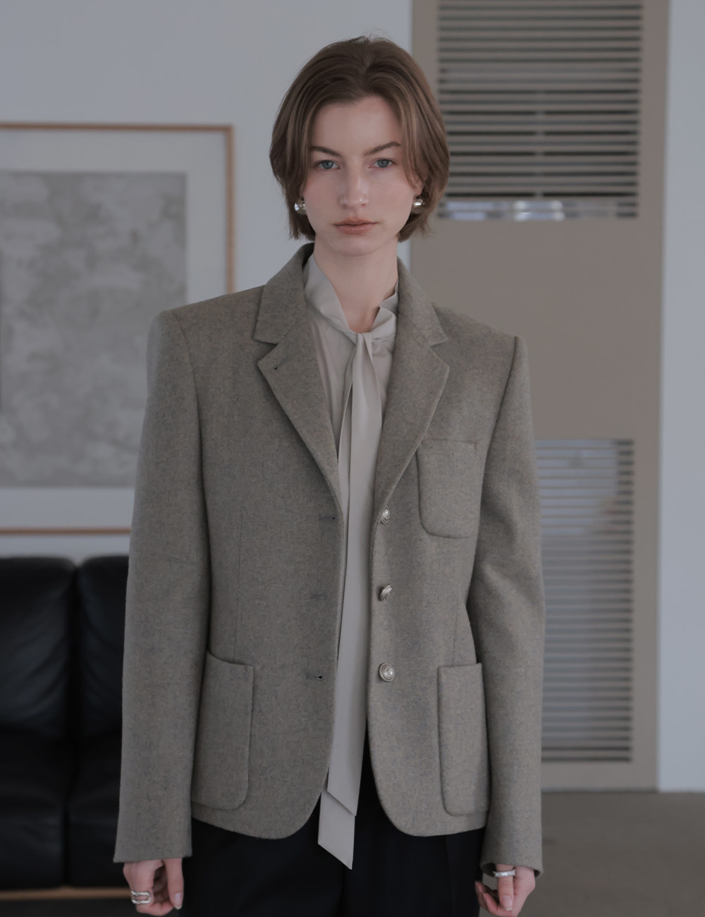 River Wool Tweed 3 Button Jacket (Melange Mint-Blue Gray)