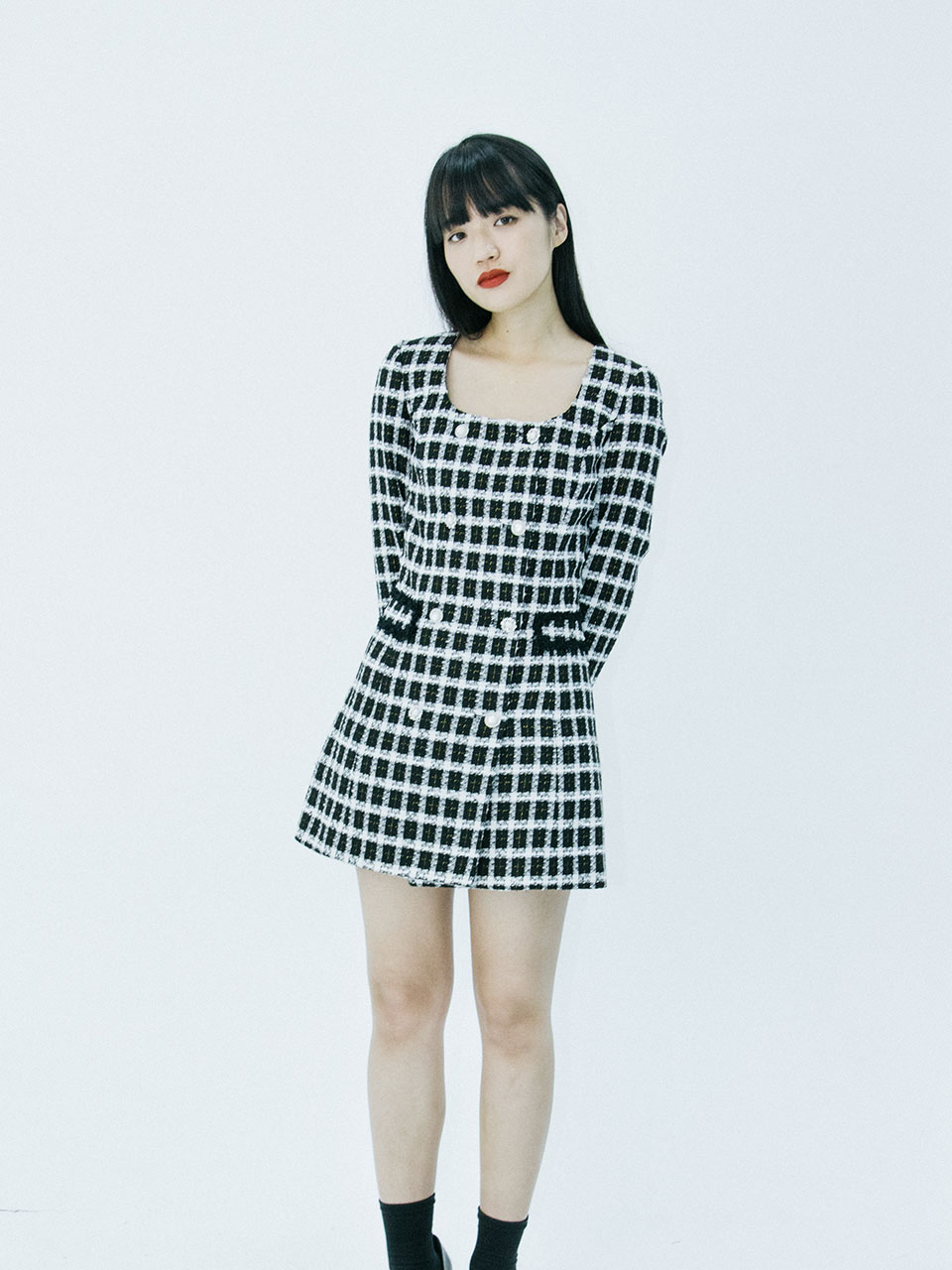 Tweed double button dress (black check)