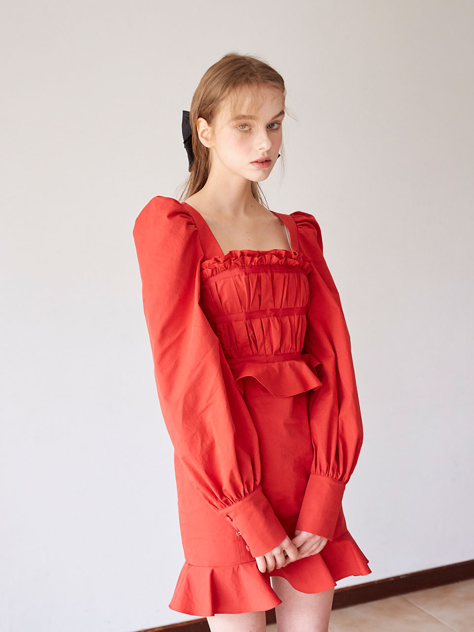 19SS Pleats taped dress (Red)