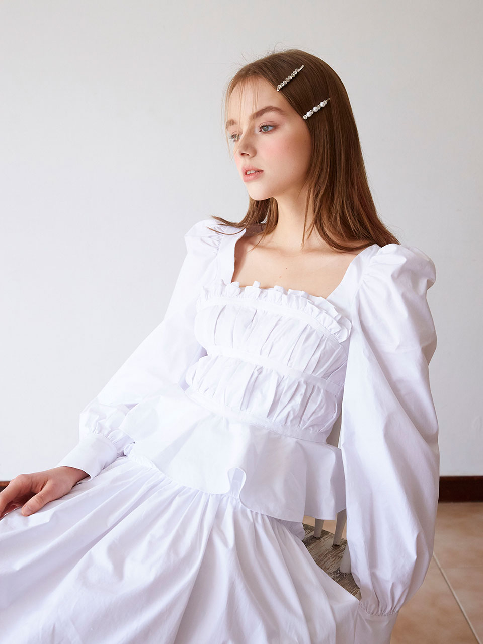 19SS pleats taped blouse(White)