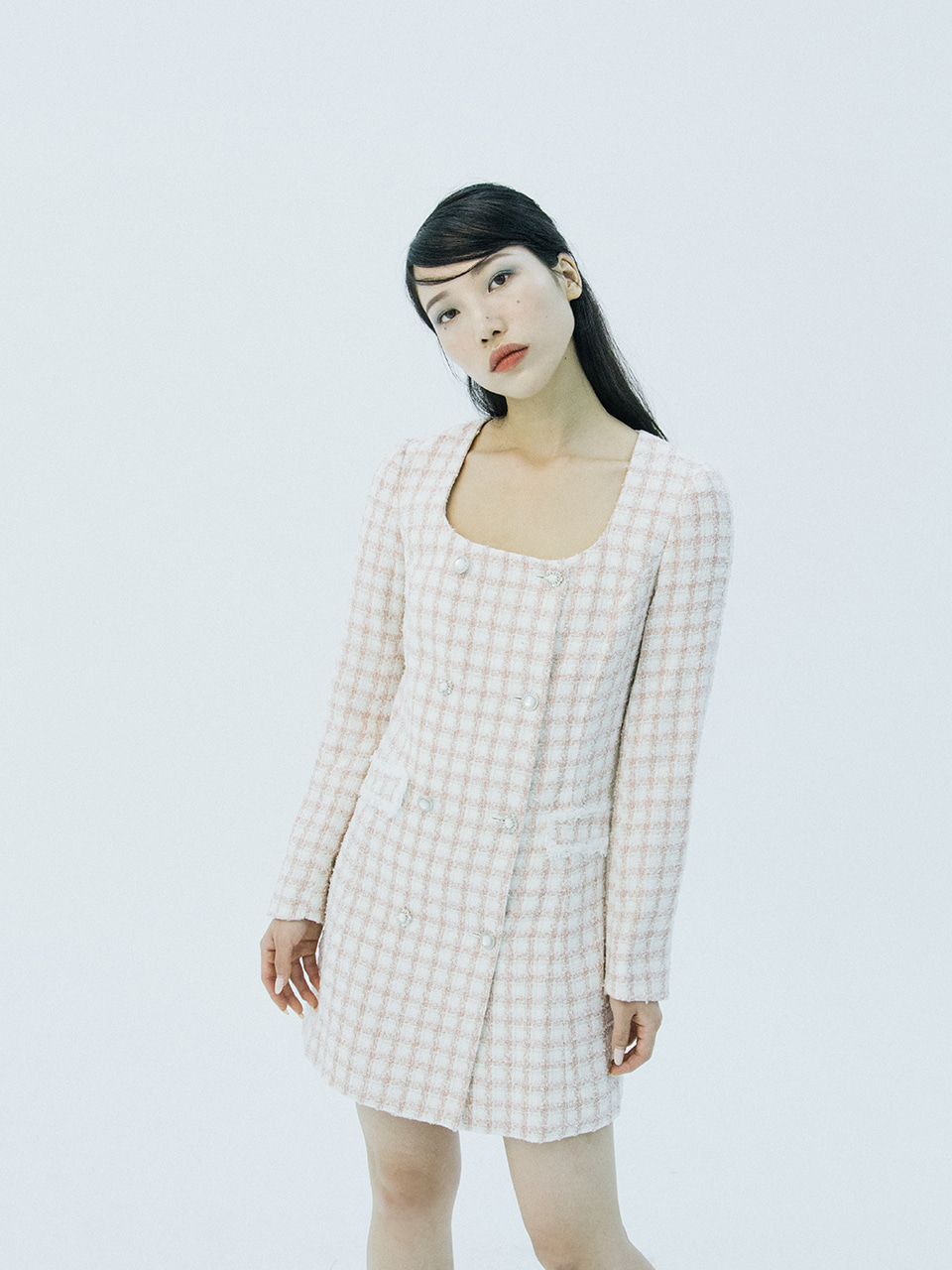 Tweed double button dress (pink check)