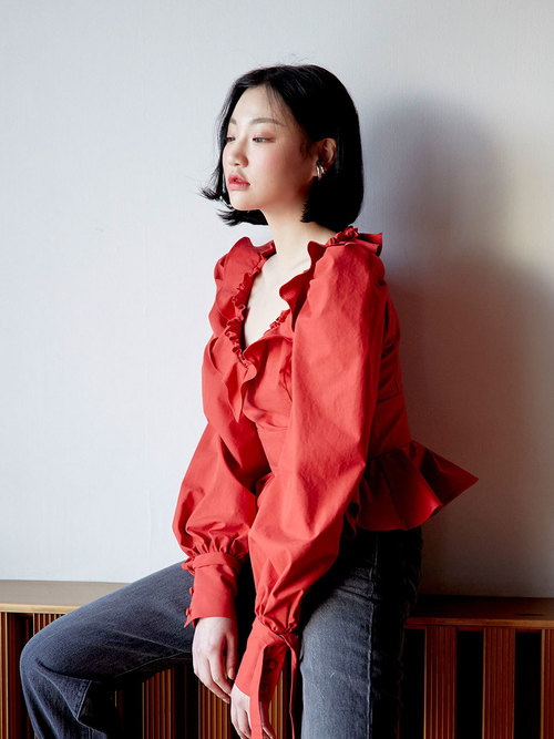 19SS V-neck peplum blouse (Red)