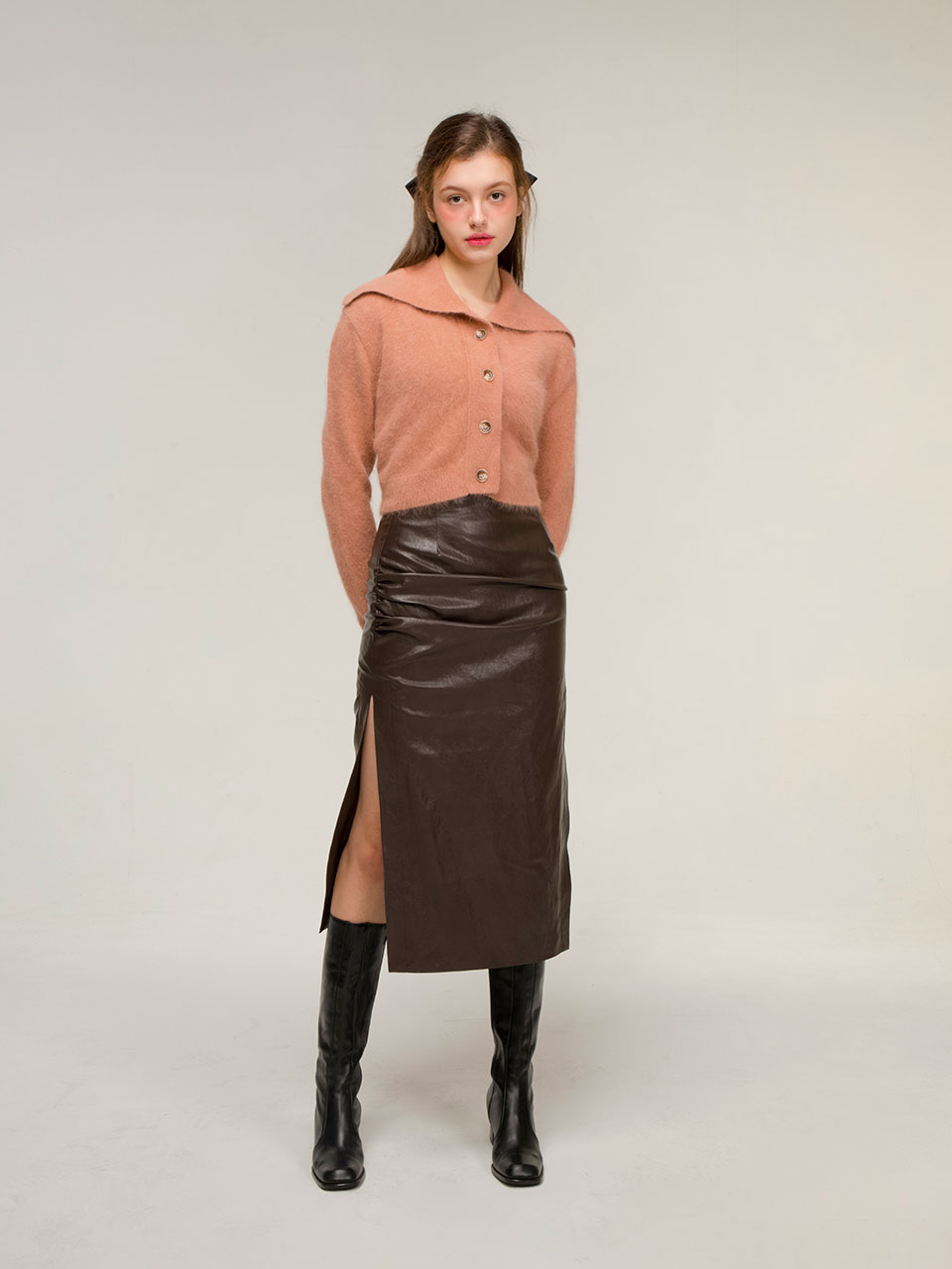 Drape leather skirt (brown)