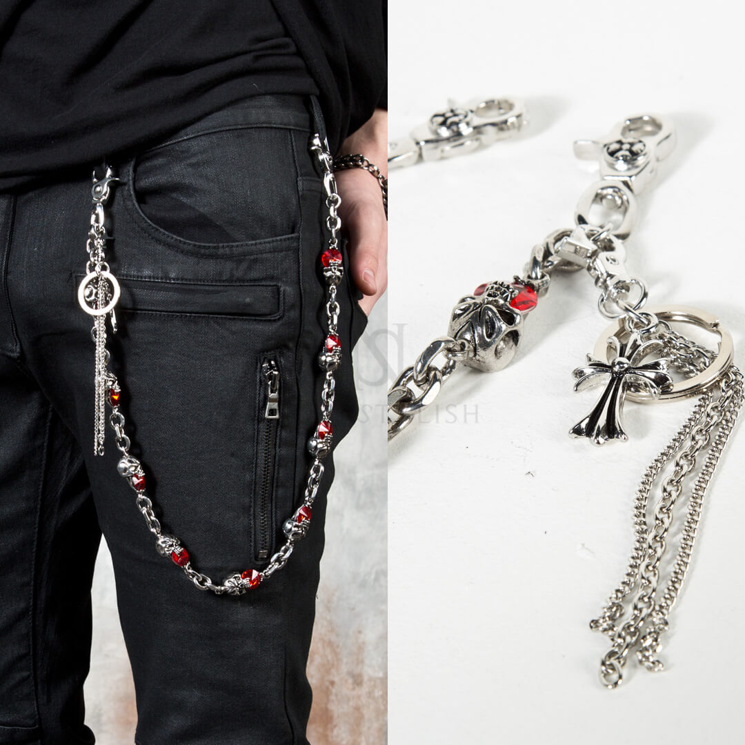 Red beads metal skull pants chain