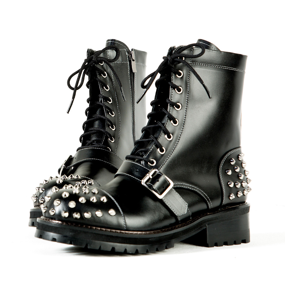 Studded &amp; belted all-black leather boots