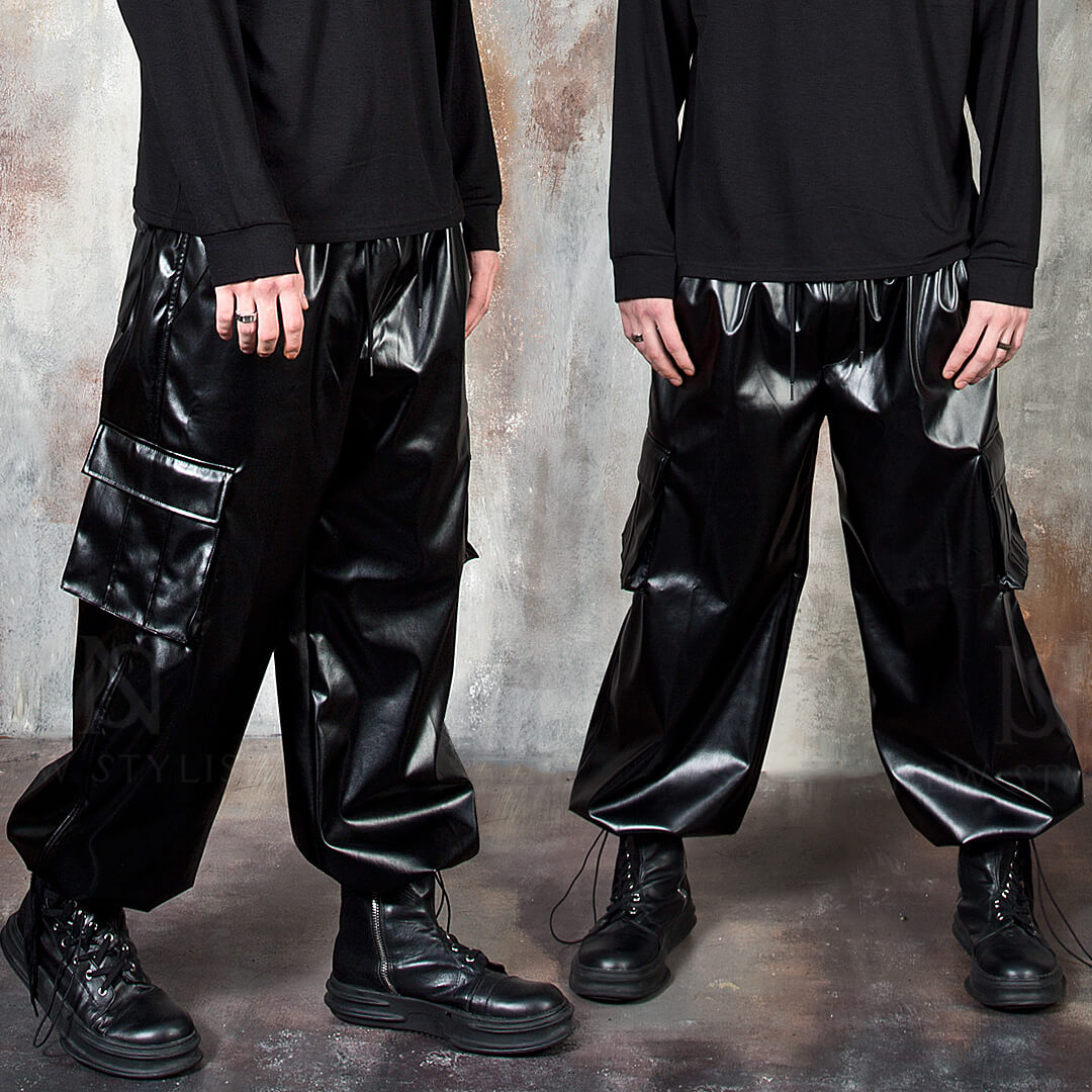 Loose fit wide leg leather cargo pants
