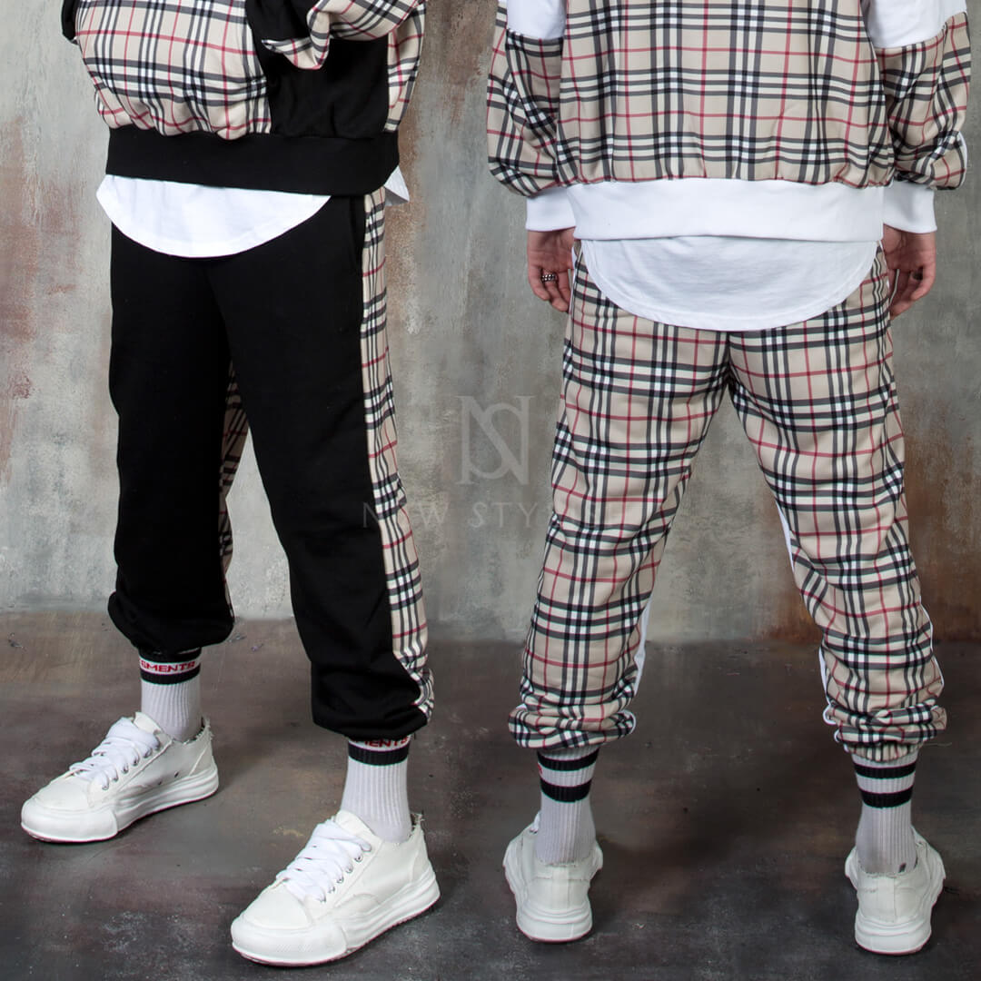 Luxurious checkered pattern contrast jogger pants