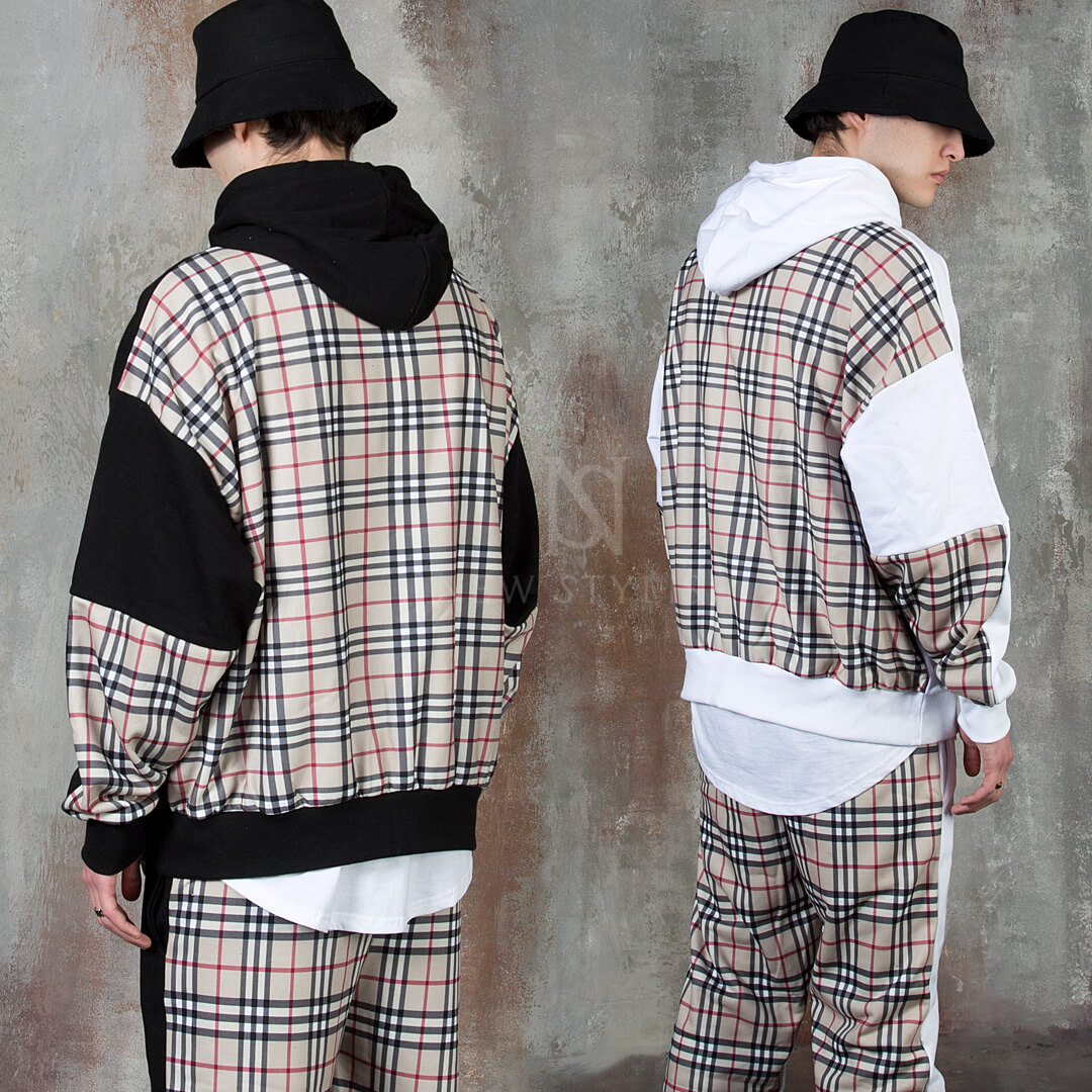Luxurious checkered pattern contrast hoodie