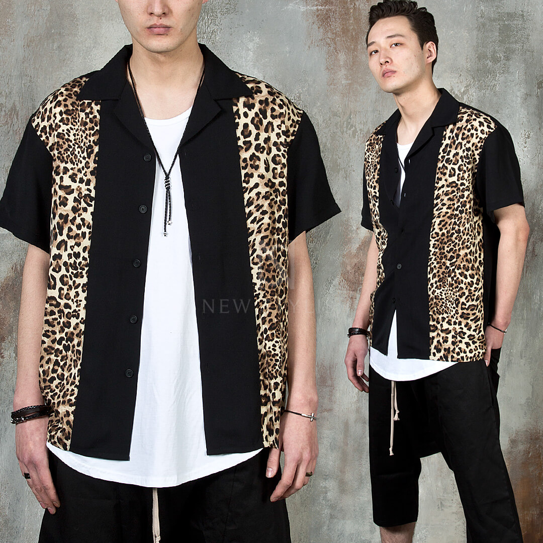 Leopard pattern contrast button-up shirts