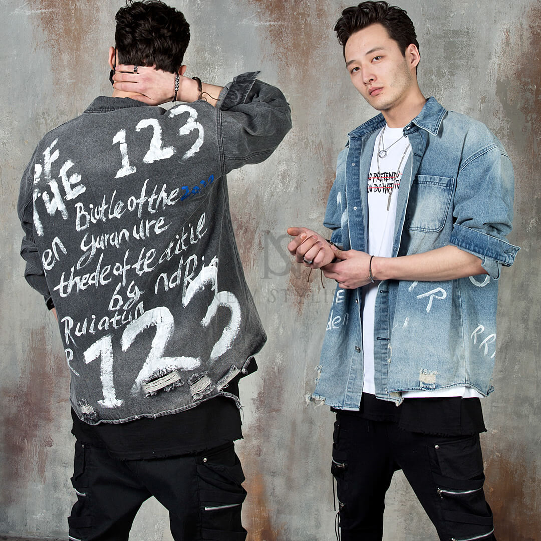 Distressed painted lettering denim shirts