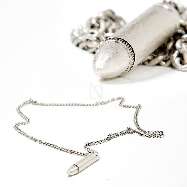 Distressed silver bullet pendant chain necklace