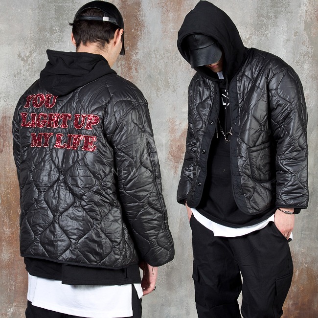 Spangle lettering quilted jacket