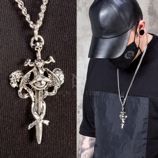 Skull sword charm chain necklace