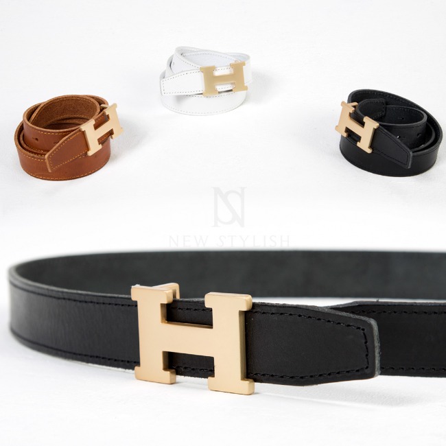 Gold H buckle leather belt
