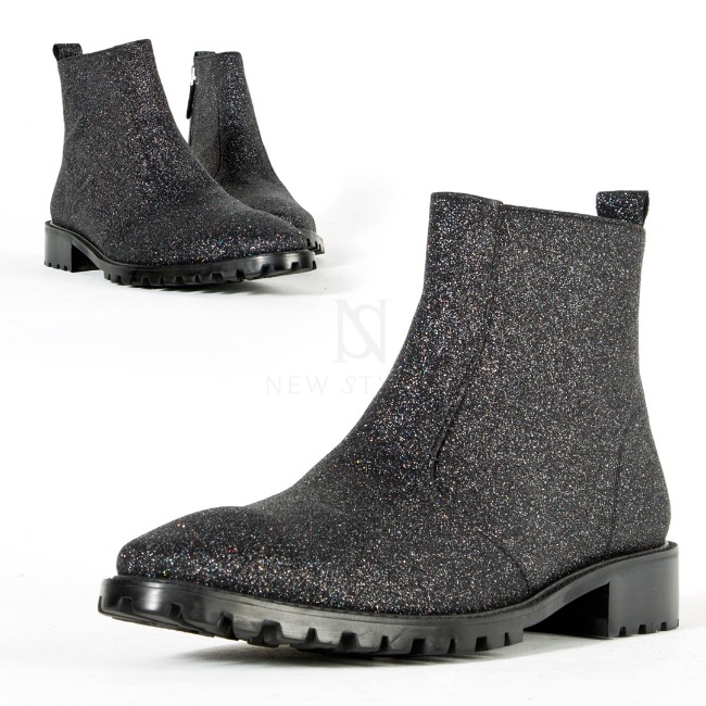 Sparkling glitter black leather ankle boots