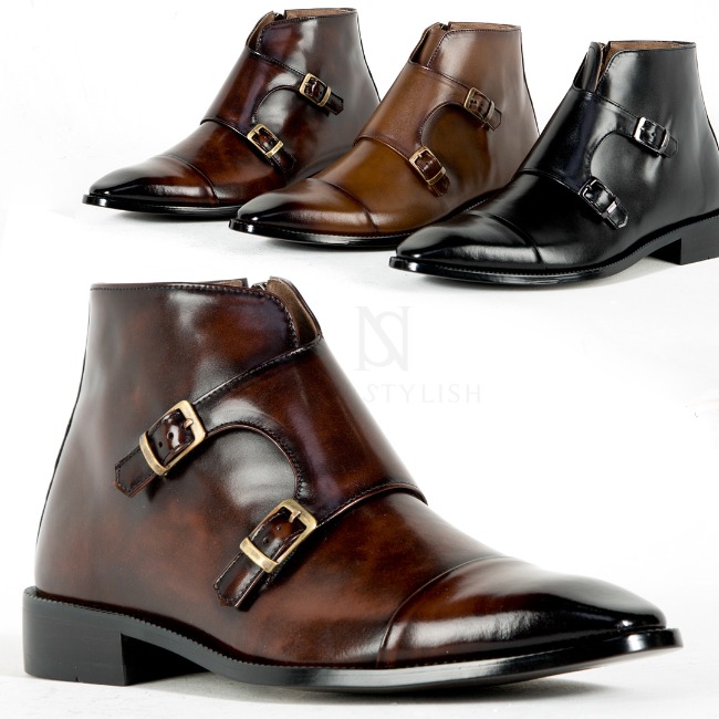 Double monk strap ankle leather boots