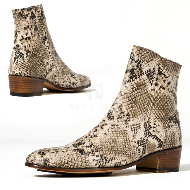 Snake-patterned leather high-heel ankle boots