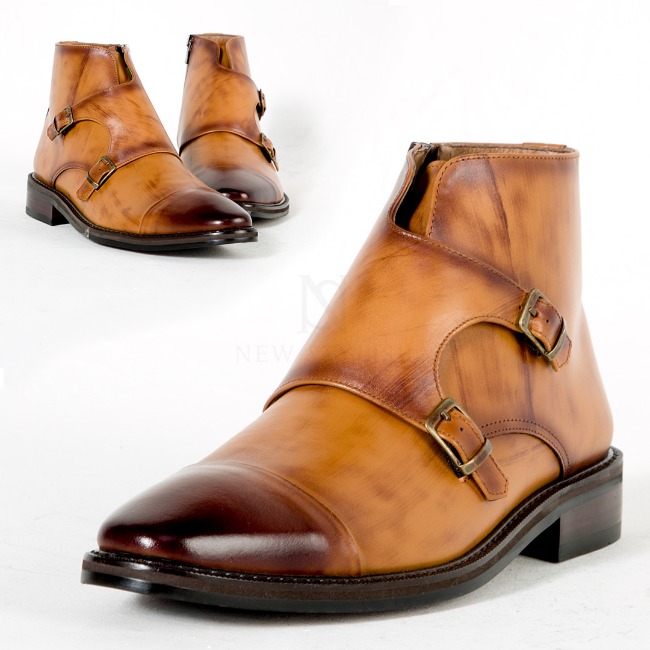 Double monk strap wood tone leather ankle boots