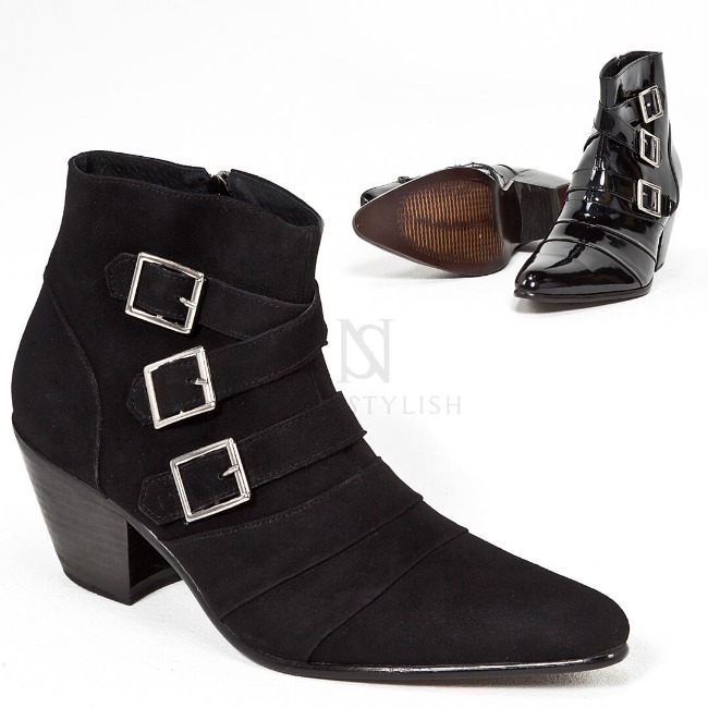 Black leather triple buckle high heel ankle boots