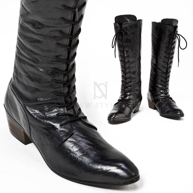 Distressed leather high-heel lace-up long boots