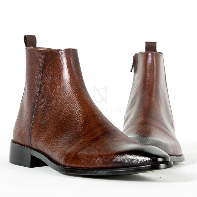 Wood brown leather ankle boots