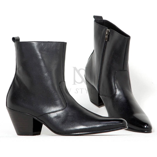 Black leather western high heel boots