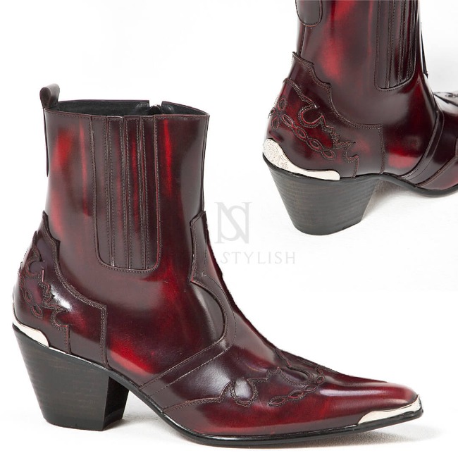 Grunge wine western leather high heel boots