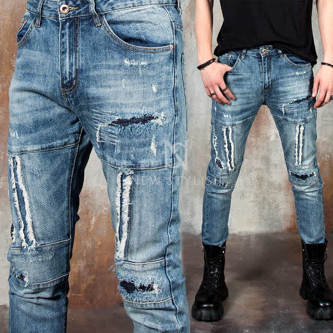 Distressed washed blue denim slim biker jeans