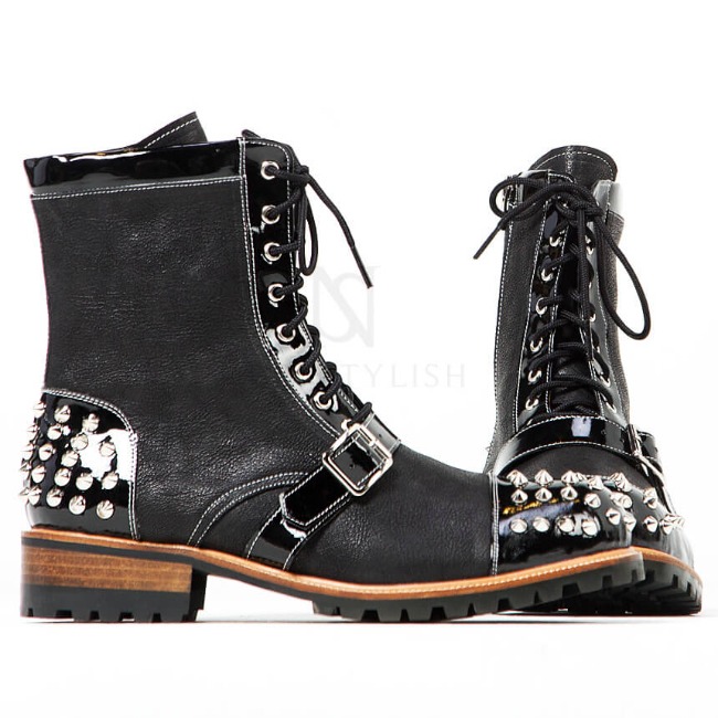 Studded &amp; belted contrast lace-up zipper leather boots