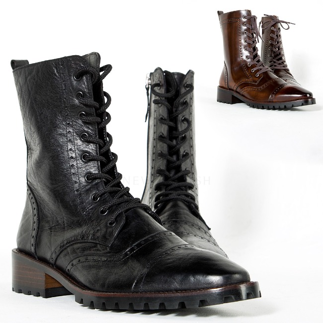 Straight-tip brogue leather boots