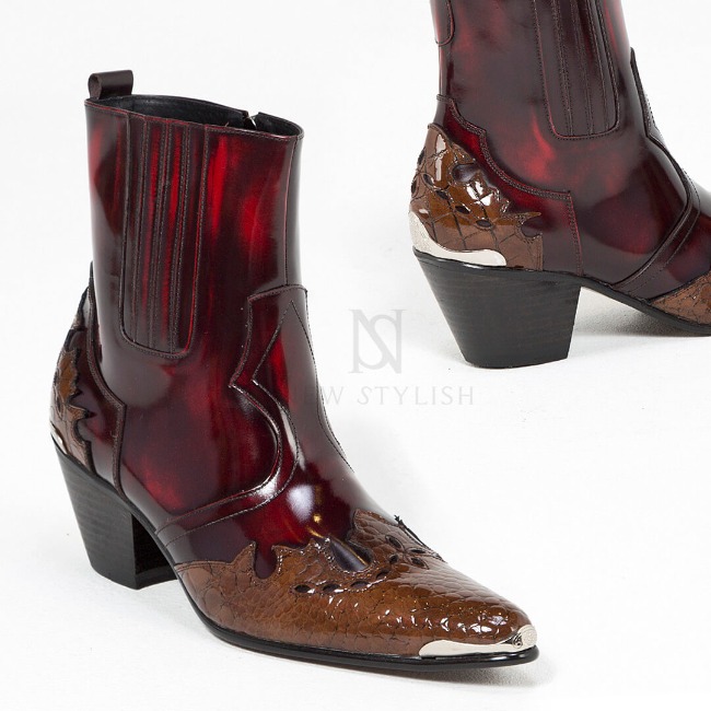 Contrast grunge wine western high heel leather boots