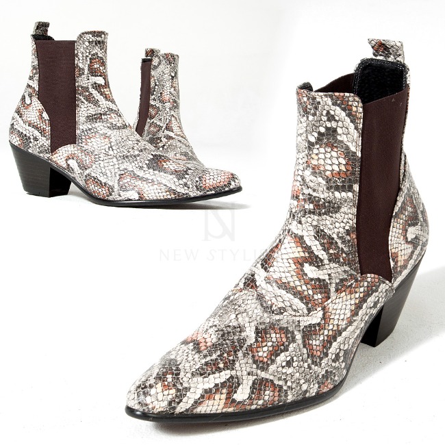 Snake patterned high heel banded ankle boots