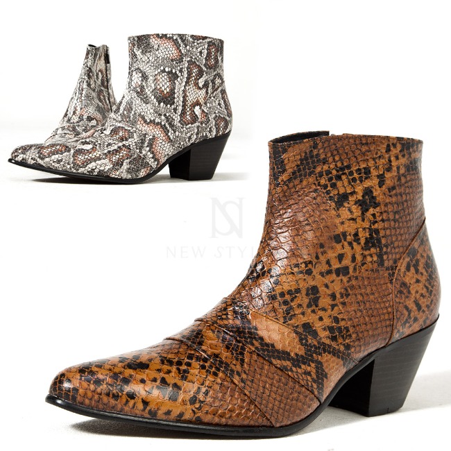 Snake-patterned leather high-heel western ankle boots