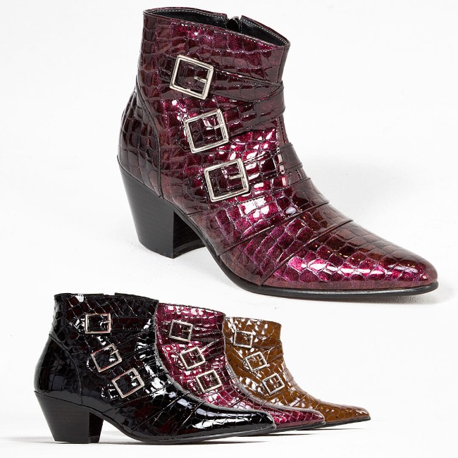 Snake pattern leather triple buckle high heel ankle boots