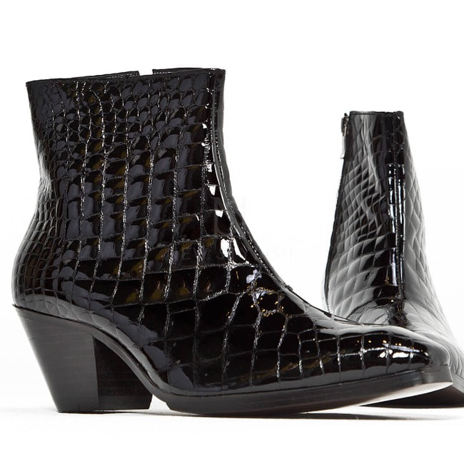 Snake-patterned leather high heel ankle boots