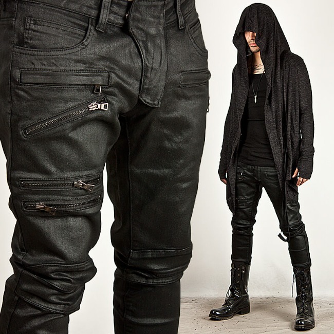 Triple zipper accent coated black slim biker jeans