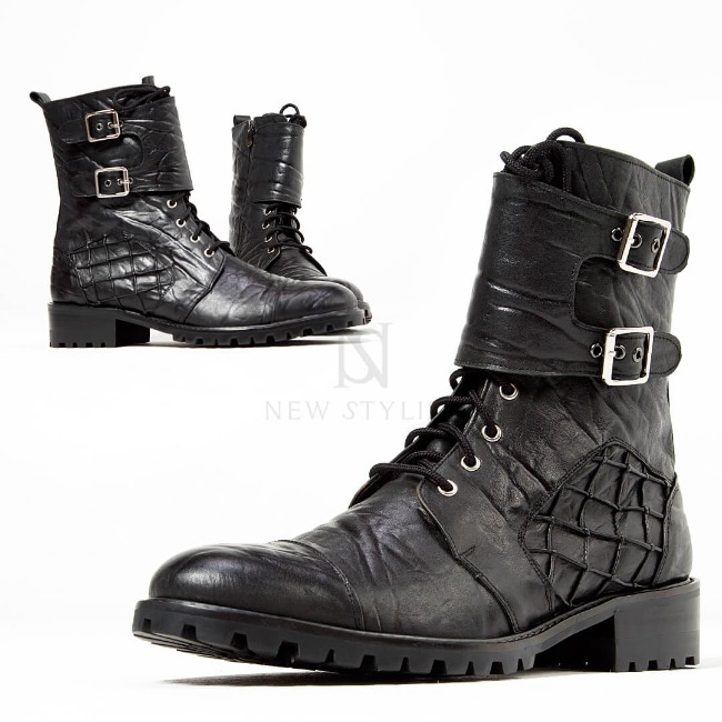 Elephant-patterned leather biker boots