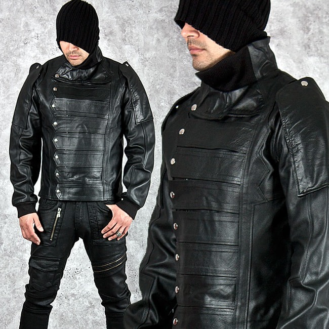 Unique multiple button straps black leather jacket