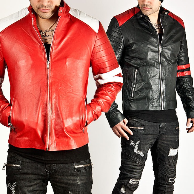Contrast accent zip-up biker leather jacket 