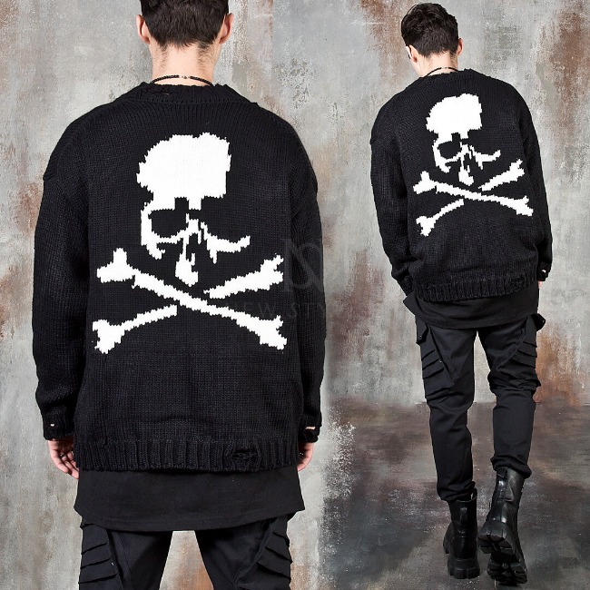 Distressed contrast skull accent knit sweater