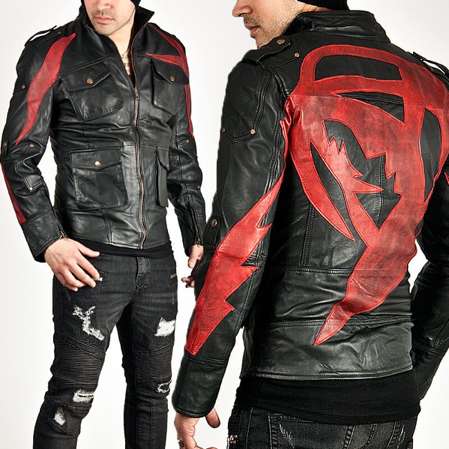 Striking two tone red strip accent black leather jacket