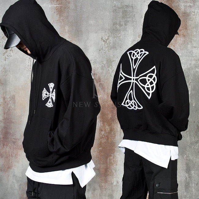 Embossed embroidery antique cross boxy hoodie